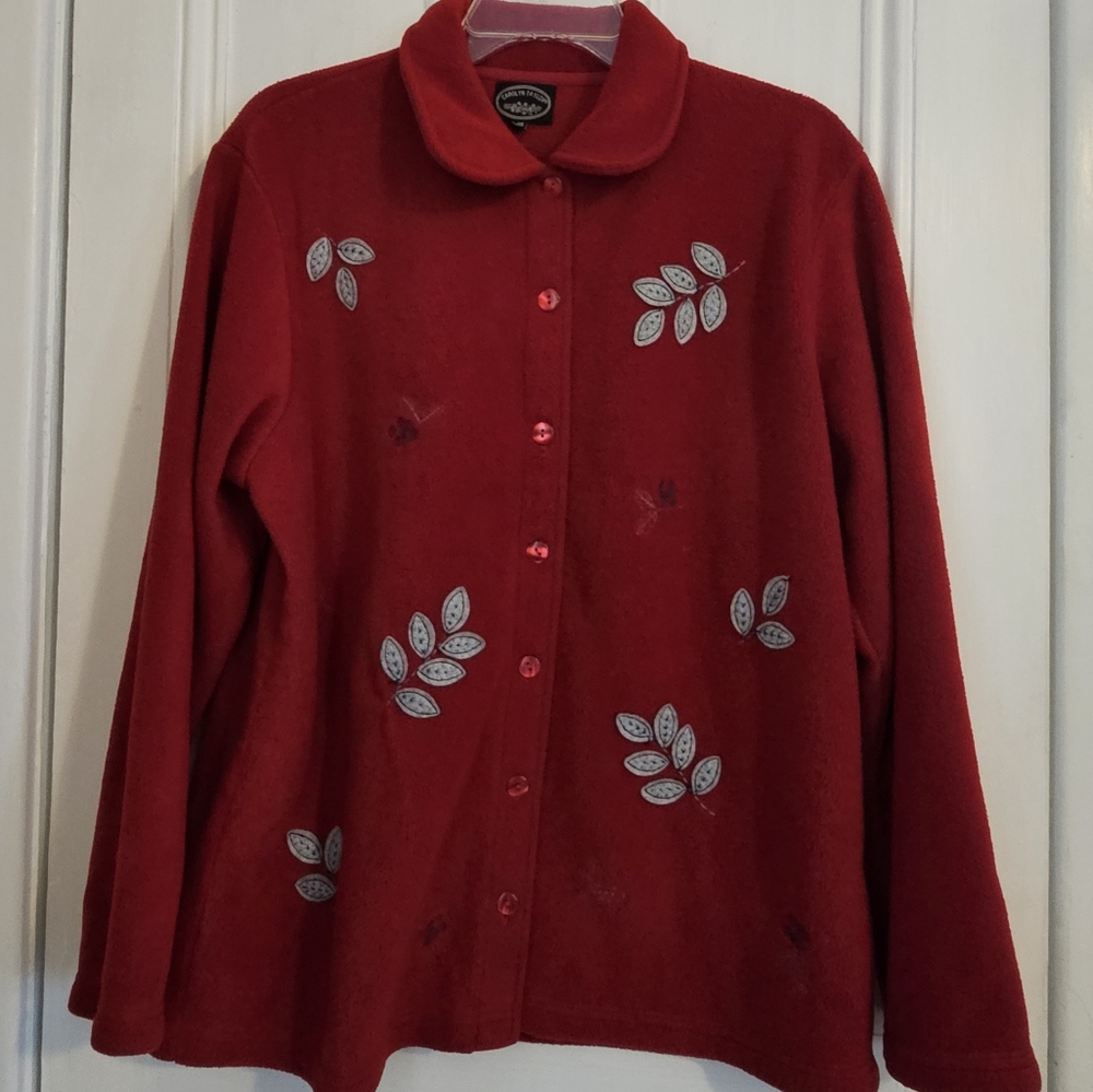 Carolyn Taylor Women's Large Fleece Button Up Cardigan Jacket Shirt Embroidered